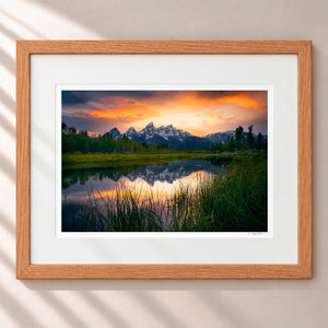 Tetons Ablaze Framed Nordic Oak - (1 1 4" Frame Width | 3" Mat)